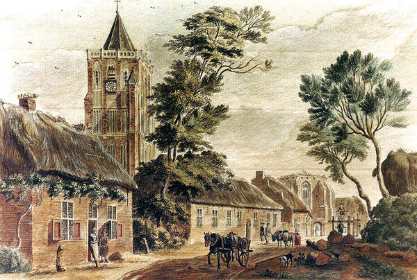 Jan de Beijer maakte in 1743 deze tekening van Sambeek. De toren was vier jaar eerder hersteld, terwijl van de kerk alleen de muren er nog staan. Links (tegenover de boomstammen) de oogluikend toegelaten kerkschuur, waarin de Sambeekse katholieken hun godsdienstplichten konden vervullen.